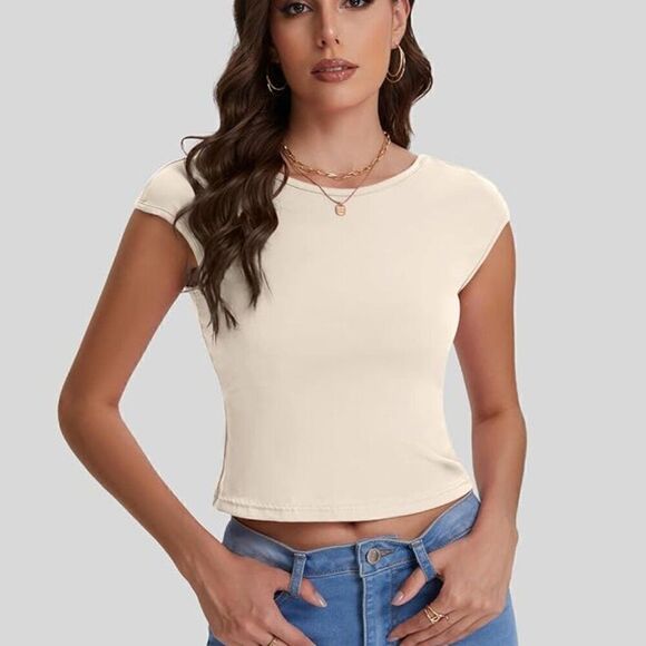 Apricot Womens Sexy Crop Top 2024 Summer Basic Short Sleeve T Shirts Backless - Picture 3 of 4